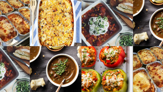 A collection of photos that show the freezer friendly meals: Chili, Quinoa Enchilada Bake, Stuffed Peppers, Lasagna, and Black Bean Soup.c
