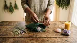 Hands filling a green charm bag with rosemary, lavender, rose quartz, and amethyst