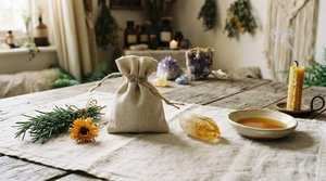 Tan pouch power bag with rosemary, marigold, citrine, honey, and candle for a job interview intention