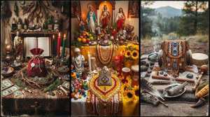 Altar scenes representing Hoodoo, Haitian Vodou and Santeria, and Native American portable magic traditions