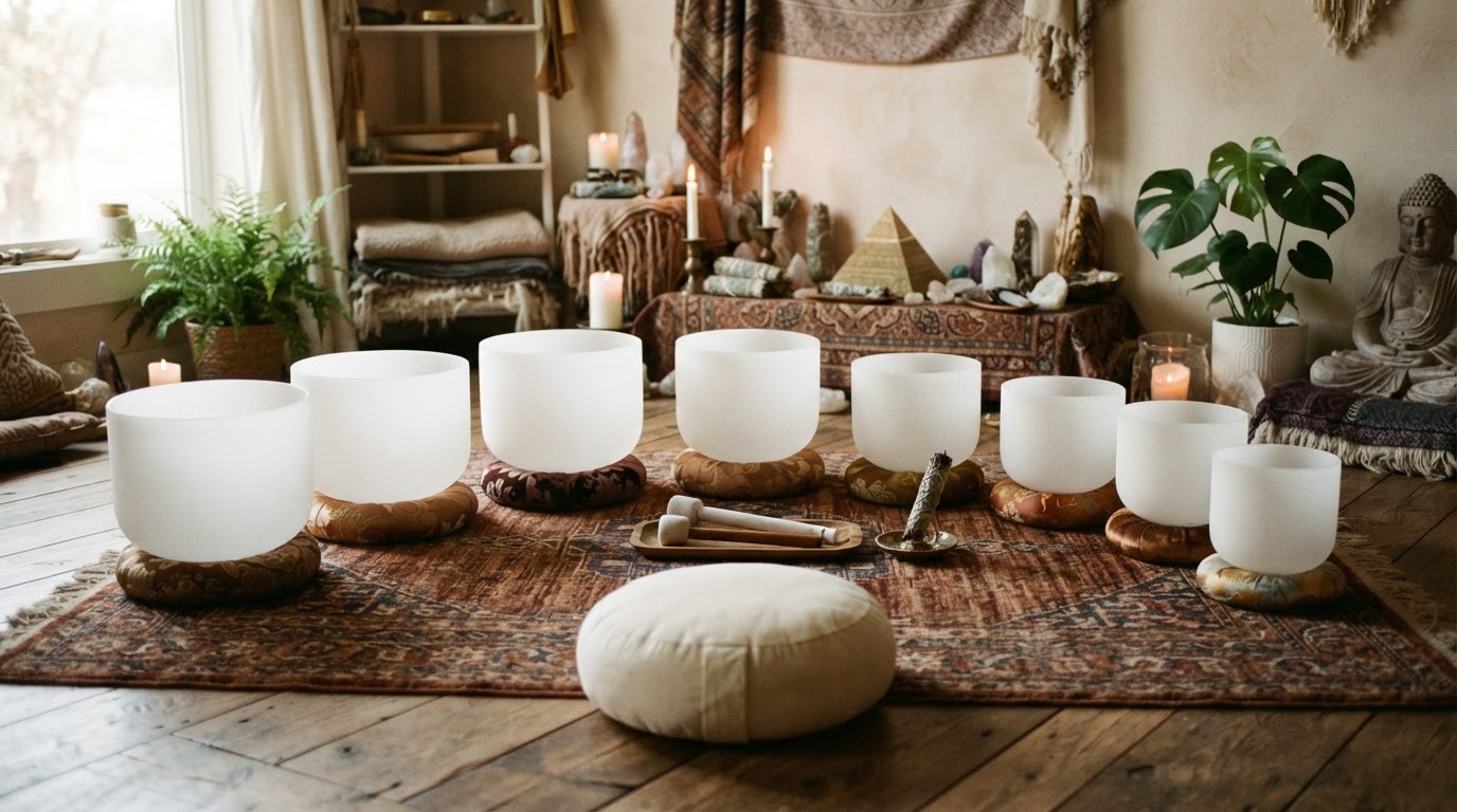 Row of crystal singing bowls with mallets on a meditation rug