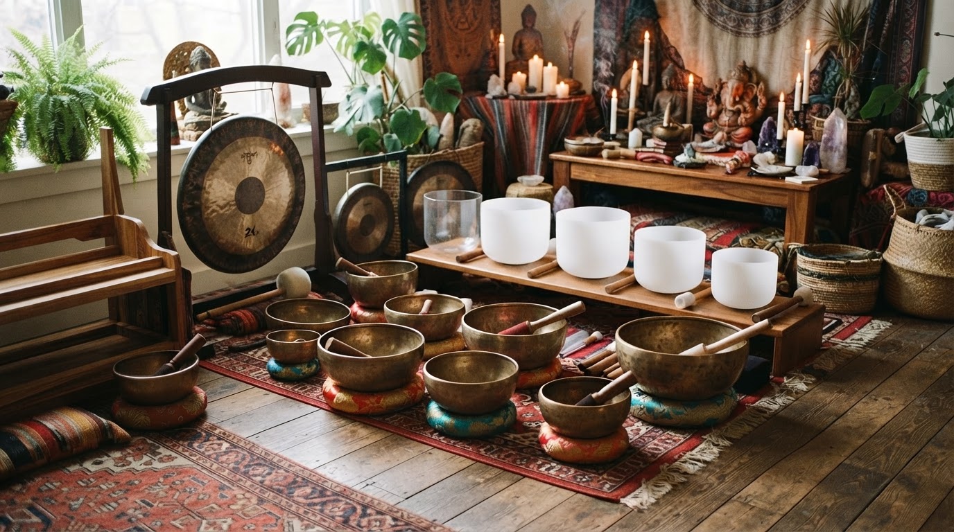 Crystal singing bowls and metal Tibetan bowls arranged on an altar with candles and crystals