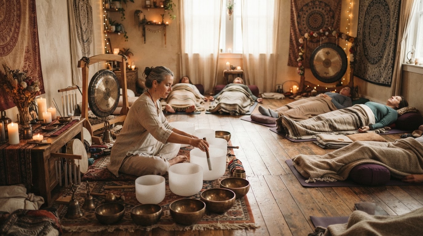 Sound healing practitioner leading a group session with singing bowls