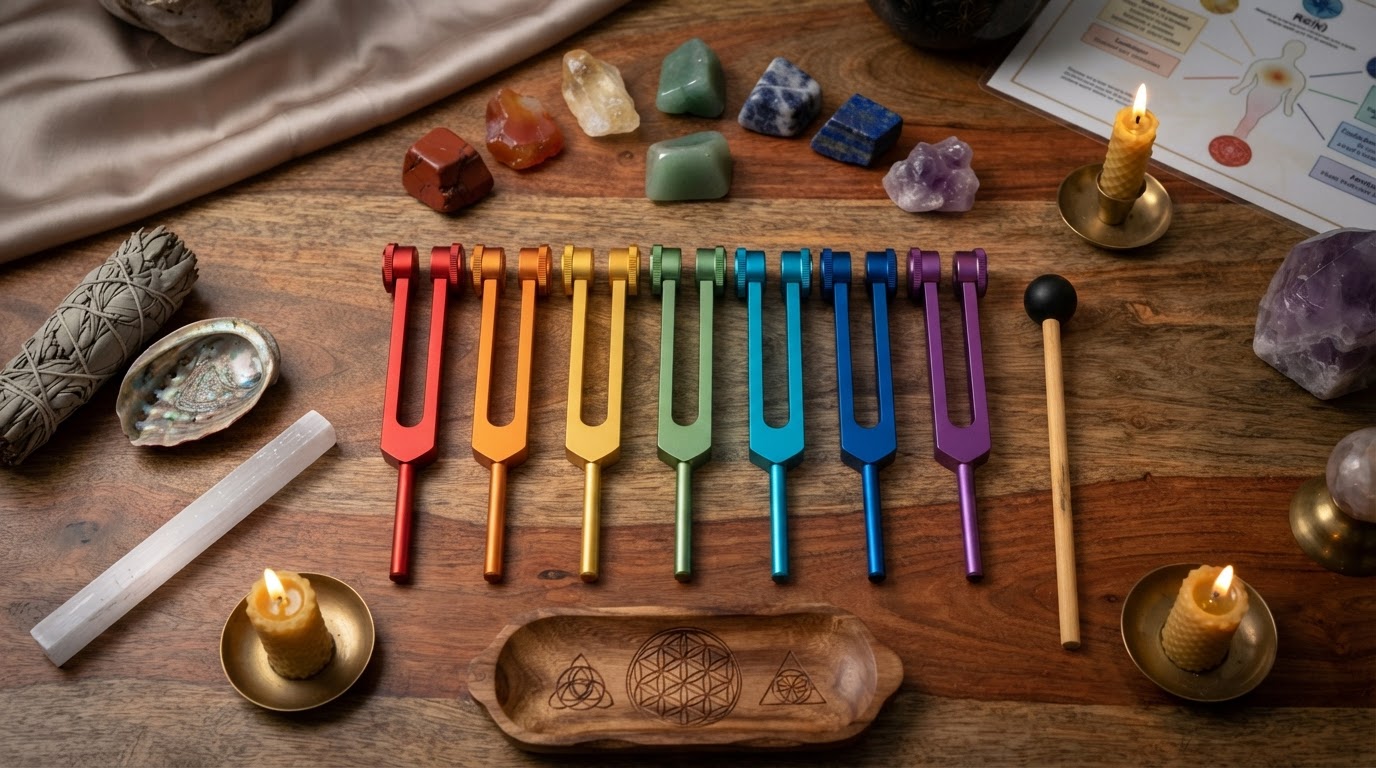 Rainbow-colored weighted tuning forks with crystals on a wooden table