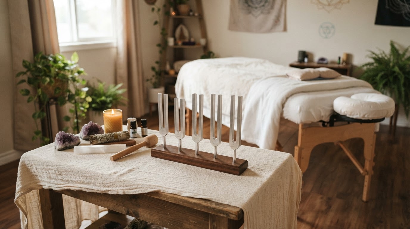 Unweighted tuning forks set on a wooden stand